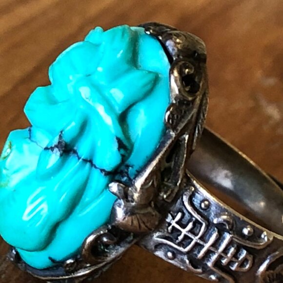 Vintage Asian Sterling Silver & Carved Turquoise Ring Adjustable Size 5 - Picture 5 of 7